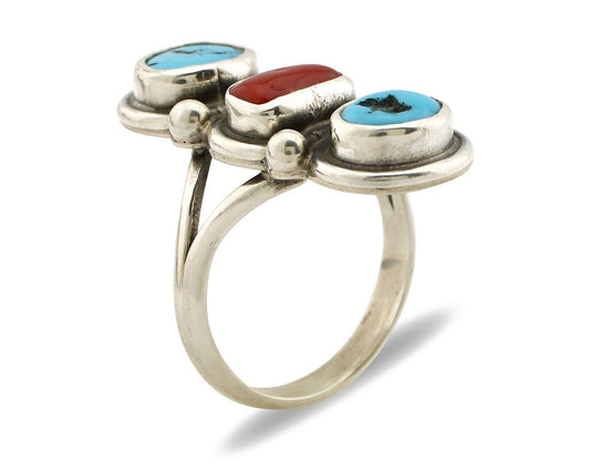 Navajo Ring 925 Silver Sleeping B Turquoise & Coral Native American Artist C.80s