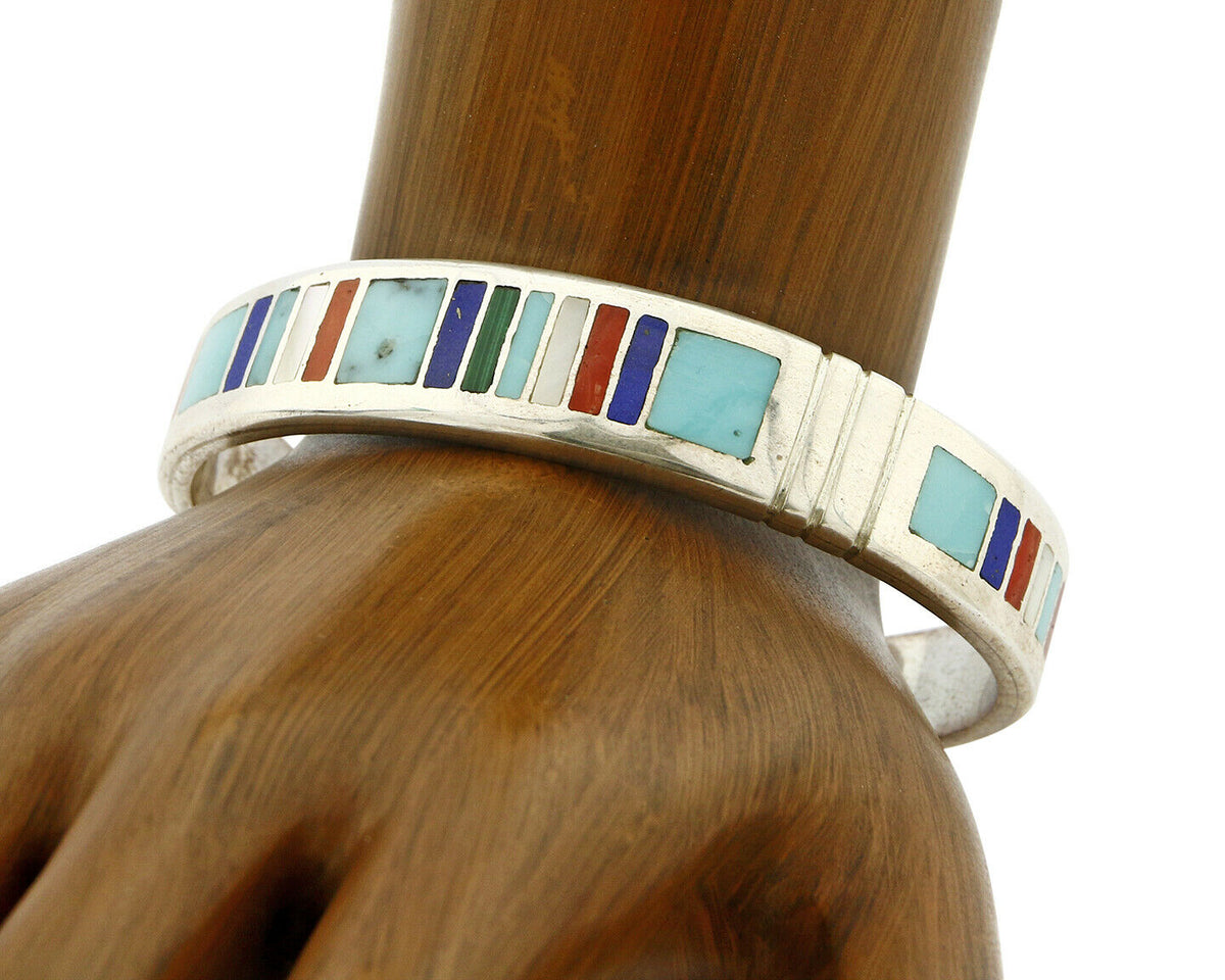 Navajo Artist Signed EDD.B. Gemstone Inlaid .925 Silver Cuff