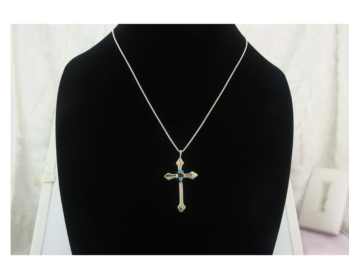 Navajo Cross Necklace Sterling Silver Authentic Natural Gemstones Signed M
