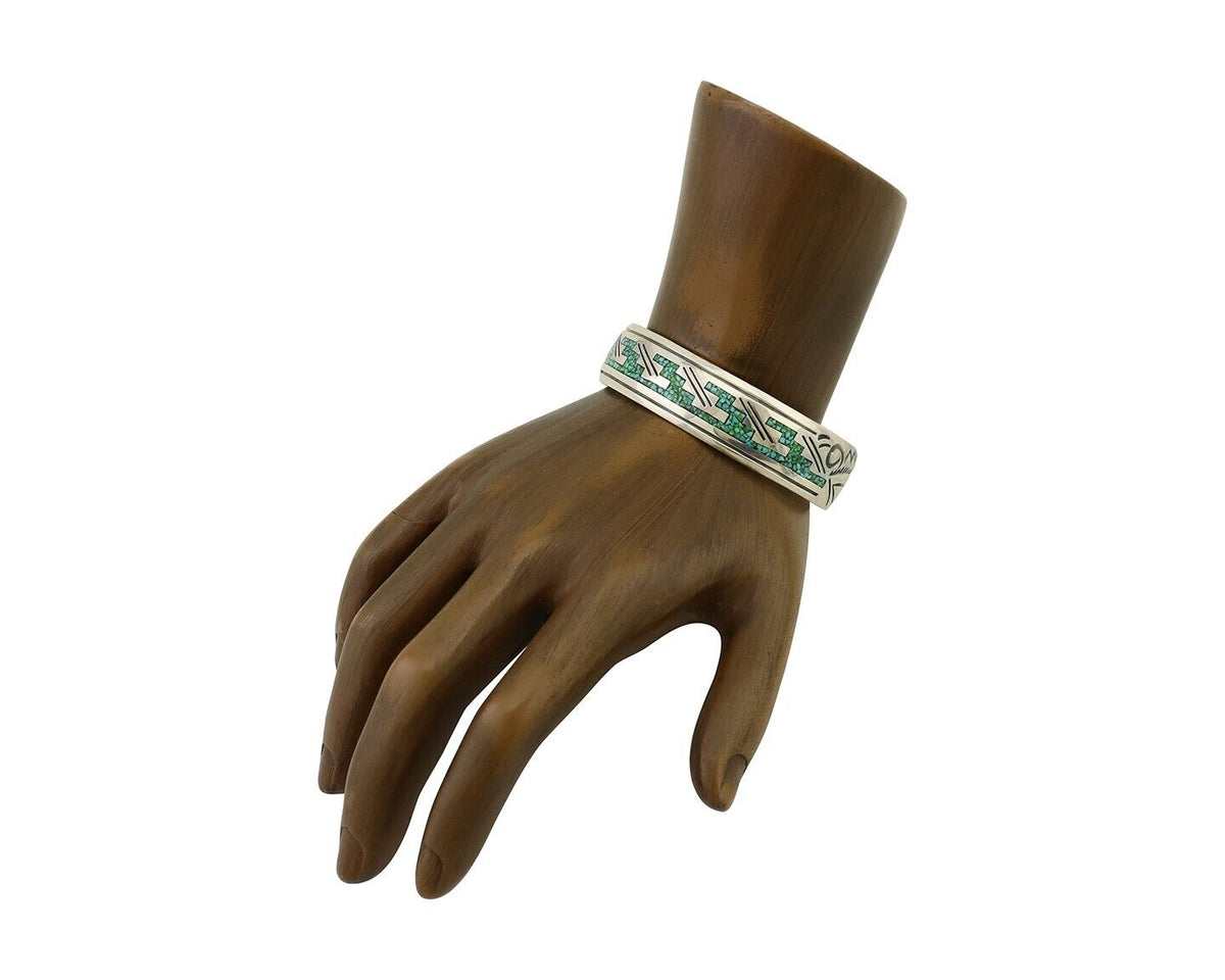 Navajo Inlay Bracelet 925 Silver Turquoise & Coral Signed Stanely Bain C.80's