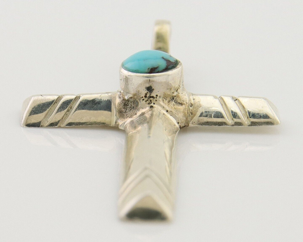 Navajo Sand Cast Cross Pendant 925 Silver Turquoise Artist Signed J Yazzie C.80s
