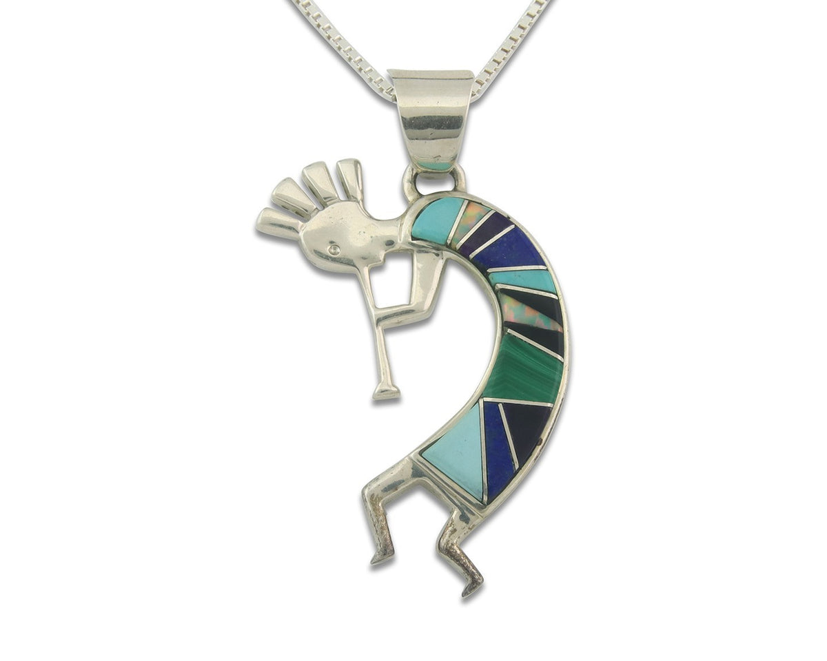 Navajo Kokopelli Necklace Sterling Silver Natural Gemstone Vintage Signed
