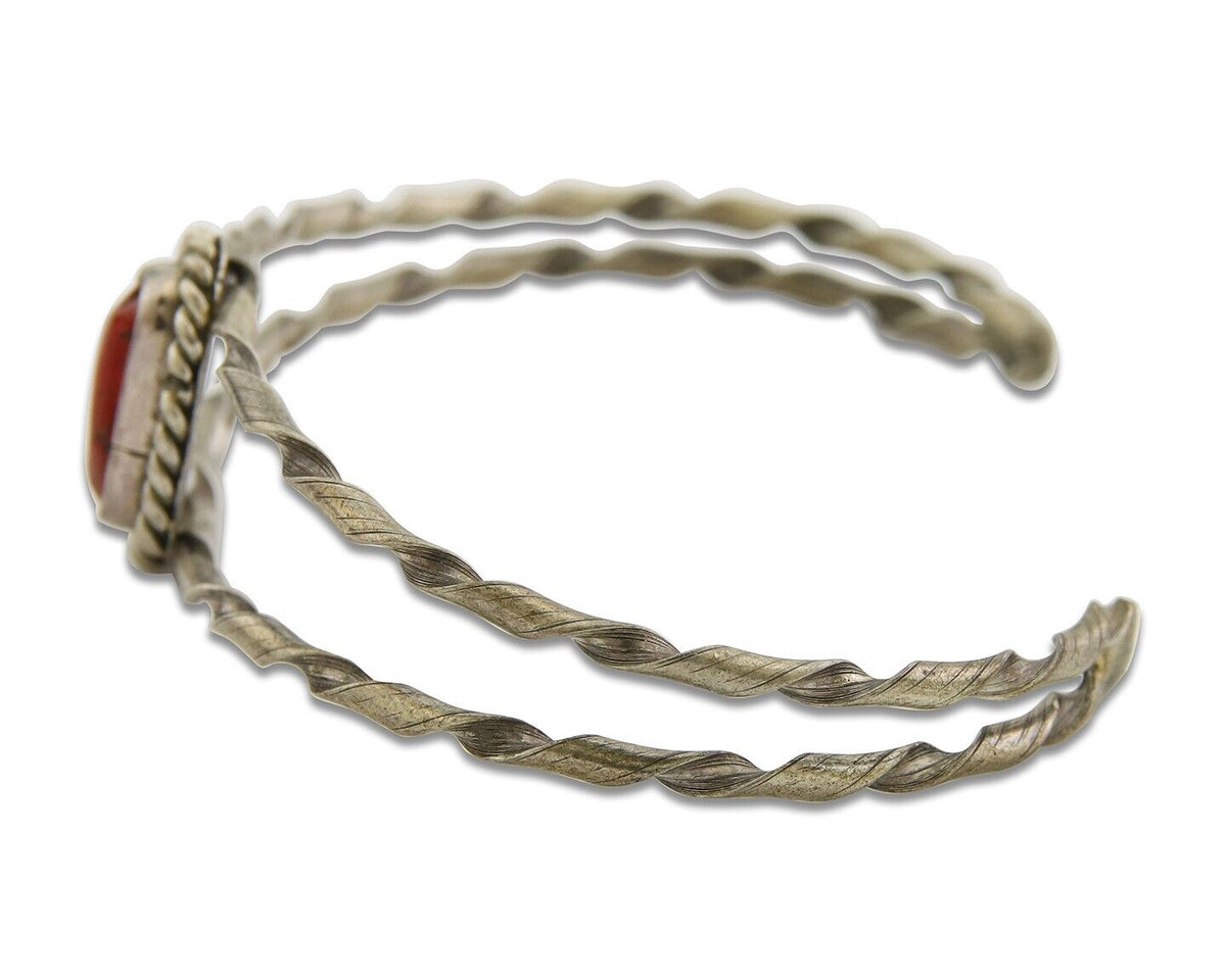 Navajo Bracelet .925 Silver Mediterranean Red Coral Cuff Native Artist C.80's