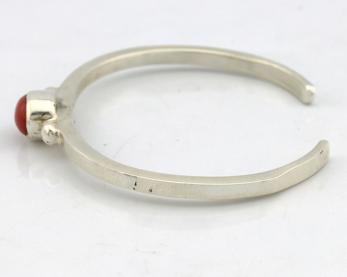 Navajo Bracelet .925 Silver Red Mediterranean Coral Native American Artist C90s