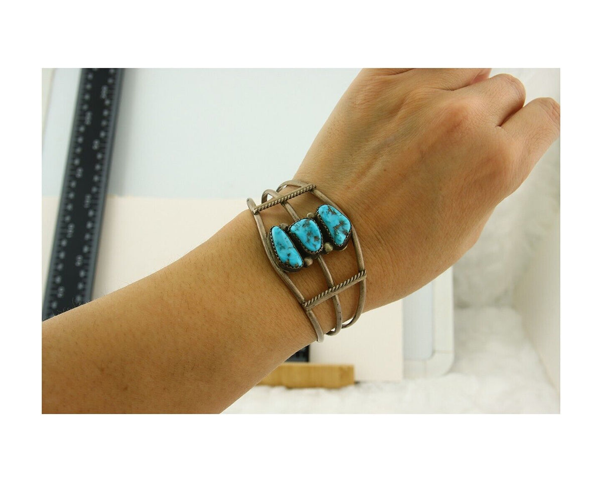 Navajo Bracelet 925 Silver Natural Blue Turquoise Native American Artist C.80s