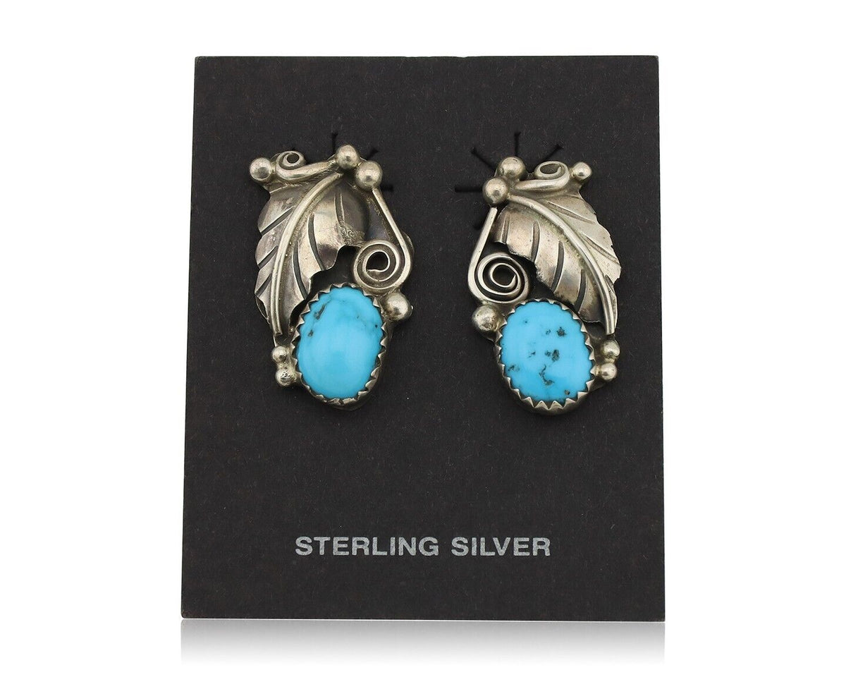 Navajo Earrings 925 Silver Natural Blue Turquoise Native American Artist C.80s