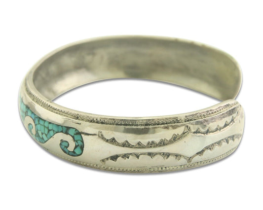 Navajo Bracelet 925 Silver Inlaid Turquoise Cuff Artist Signed LB C80s