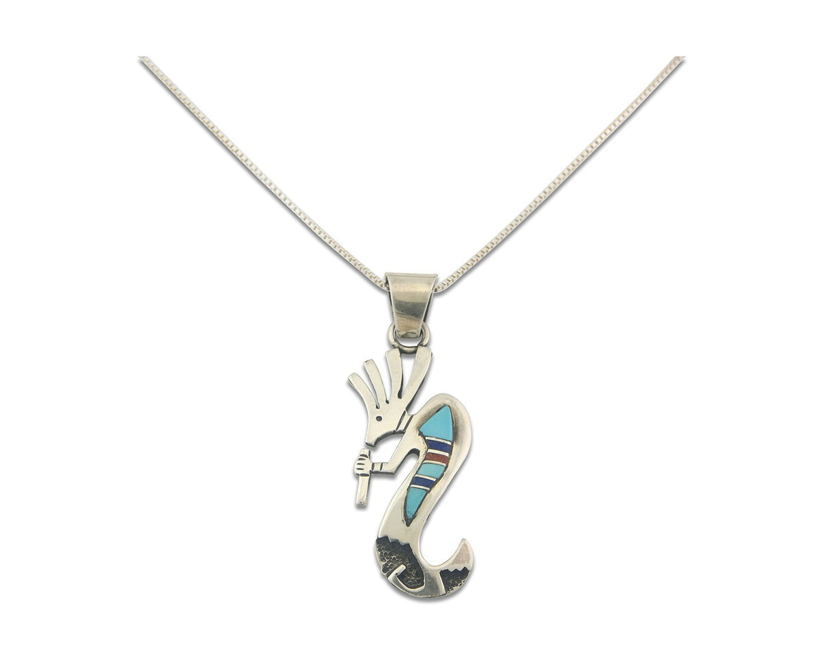 Navajo Kokopelli Necklace Sterling Silver Natural Gemstone Vintage Signed Paw