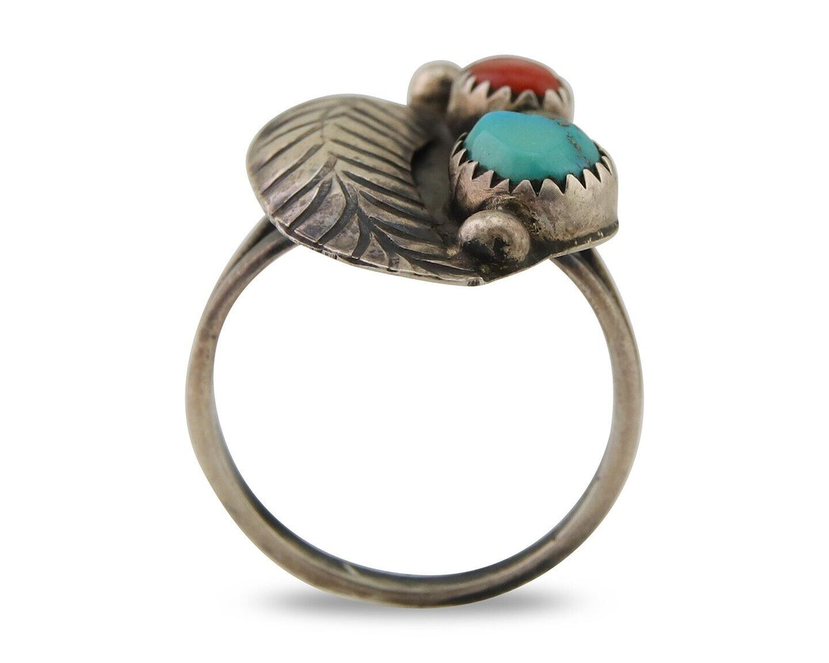 Navajo Ring 925 Silver Turquoise & Coral Artist Signed Moore C.80's