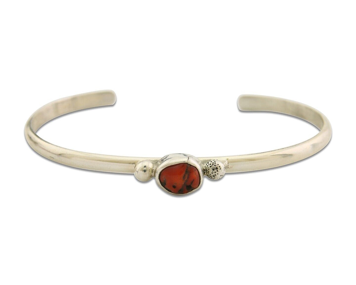 Navajo Bracelet .925 Silver Natural Red Coral Cuff Native American Artist C.80's