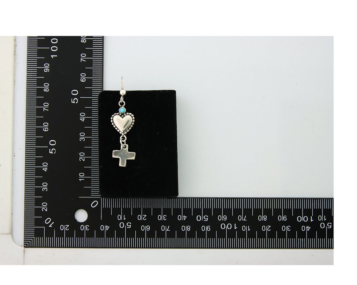 Navajo Earrings 925 Silver Heart Cross Natural Turquoise Native Artist C.80's