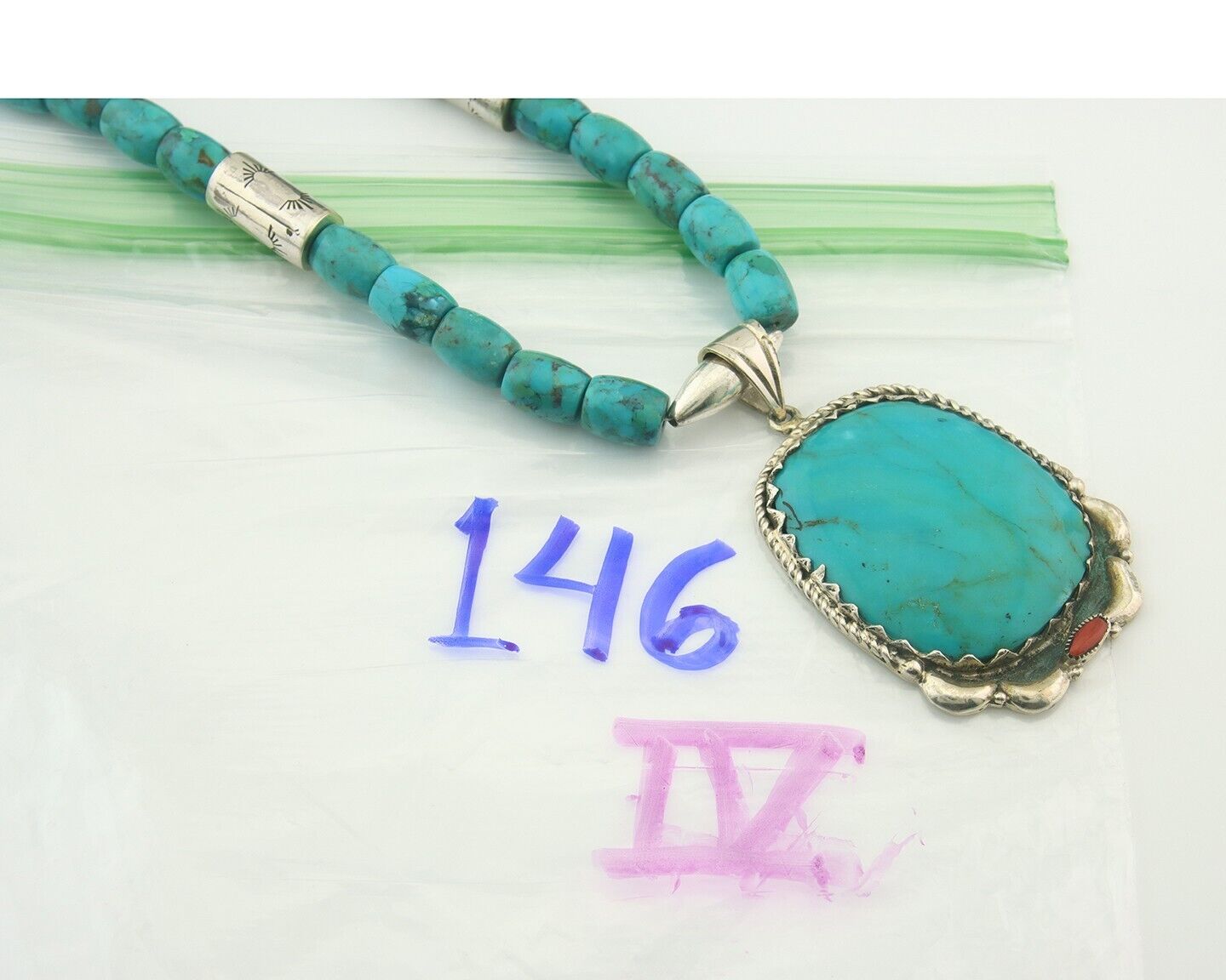 Vintage Navajo Bead Necklace 925 Silver Turquoise Hand Stamped Signed