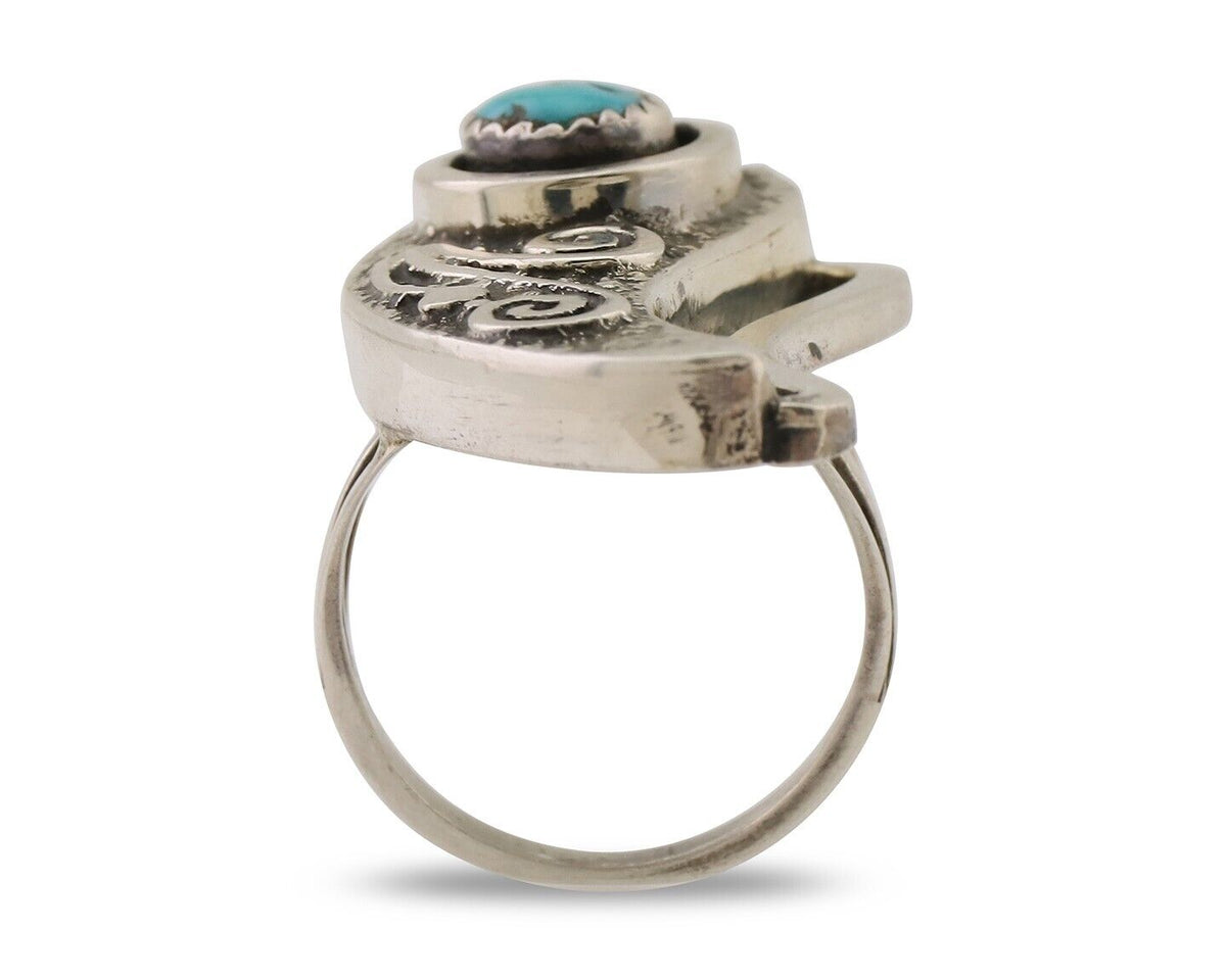 Navajo Handmade Ring 925 Silver Sleeping B Turquoise Artist Signed IHMJ C.80's