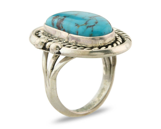Navajo Ring 925 Sterling Natural Blue Turquoise Signed Ben S C.80's Size 9.75
