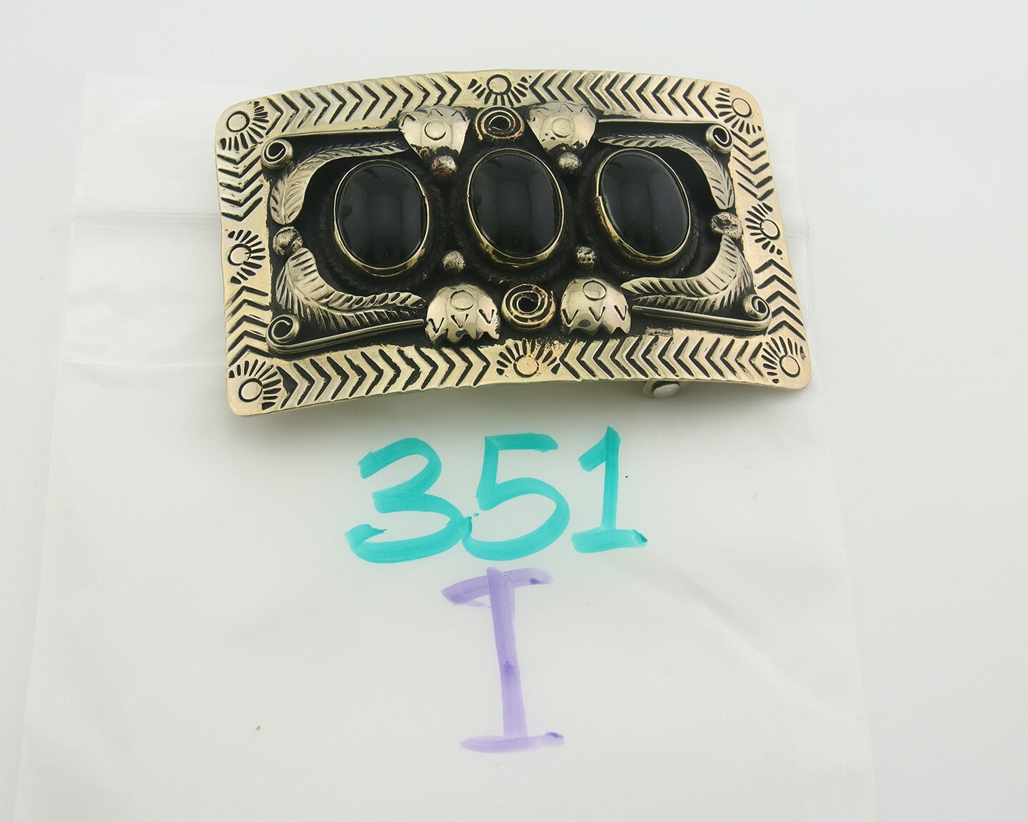 Navajo Concho Belt Buckle .999 Nickel Onyx Native American Artist 2x3 in C.80's