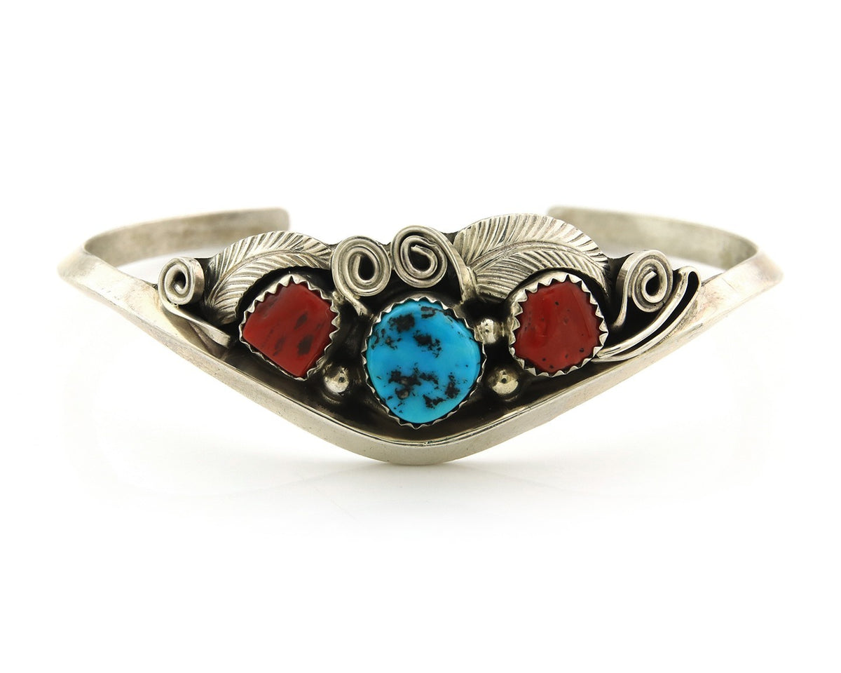Navajo Cuff Bracelet Sterling Silver Natural Coral Turquoise Sign Justin Morris