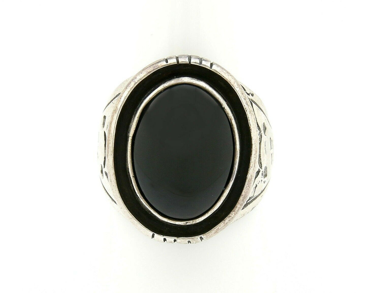 Navajo Artist Montoya Handmade Stamped Natural Onyx .925 Silver Ring