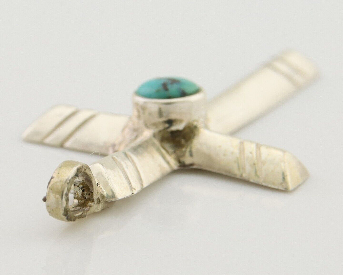Navajo Sand Cast Cross Pendant 925 Silver Turquoise Artist Signed J Yazzie C.80s