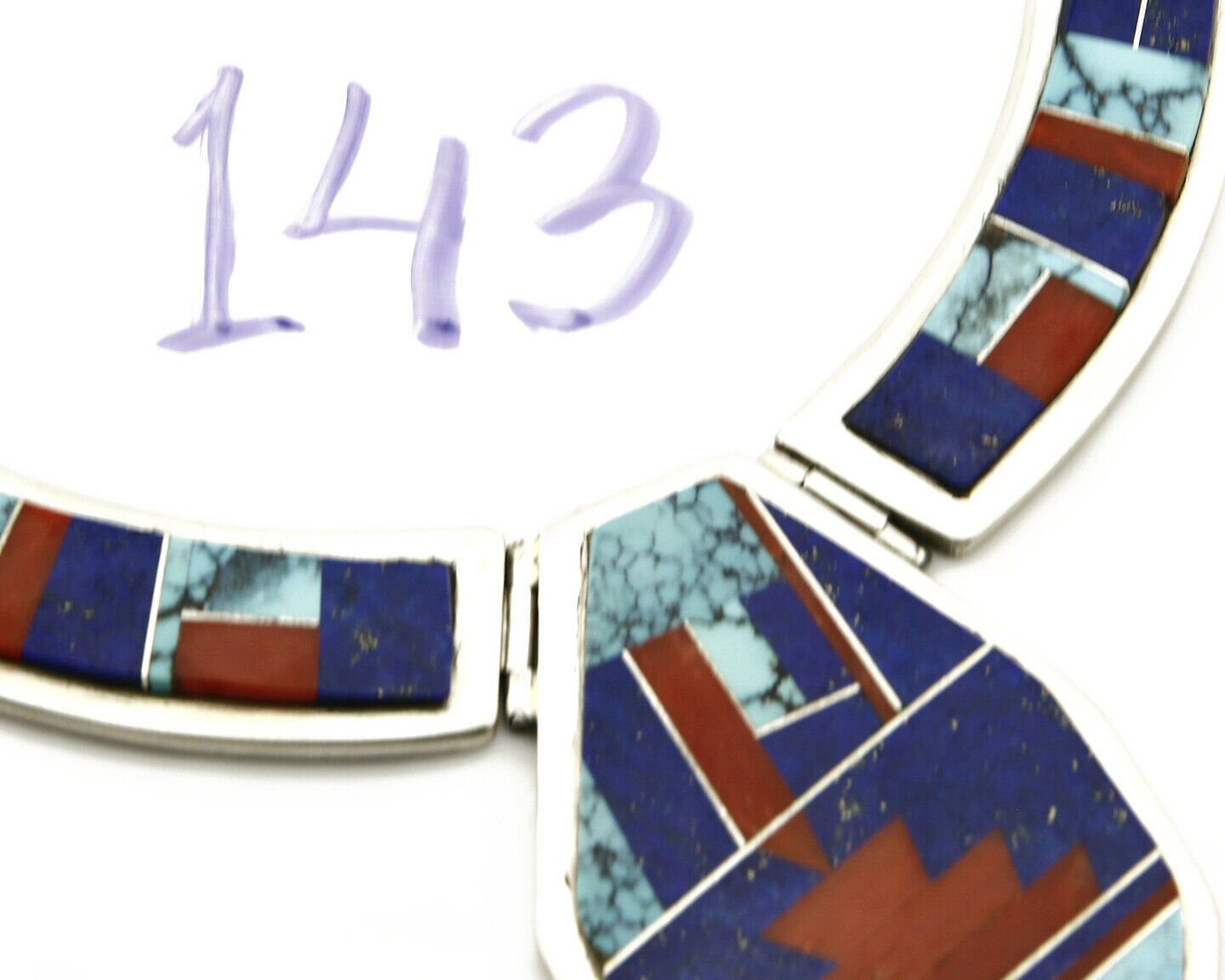 Navajo Necklace .925 Silver Spiderweb Turquoise, Lapis, Coral Handmade Signed WM