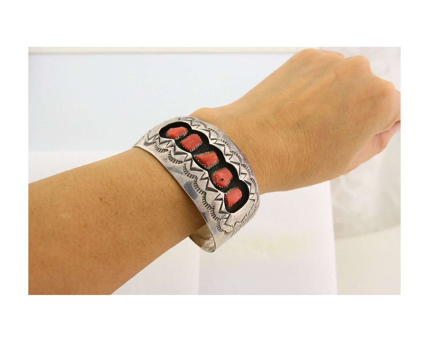 Navajo Bracelet .925 Silver Red Coral Cuff Artist Signed NP C.80's