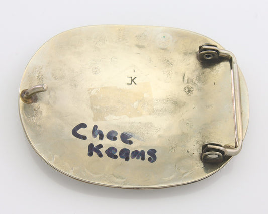 Navajo Belt Buckle .999 Nickel Buffalo Gemstone Signed Chee Keams 2.25x3.0 C.80s