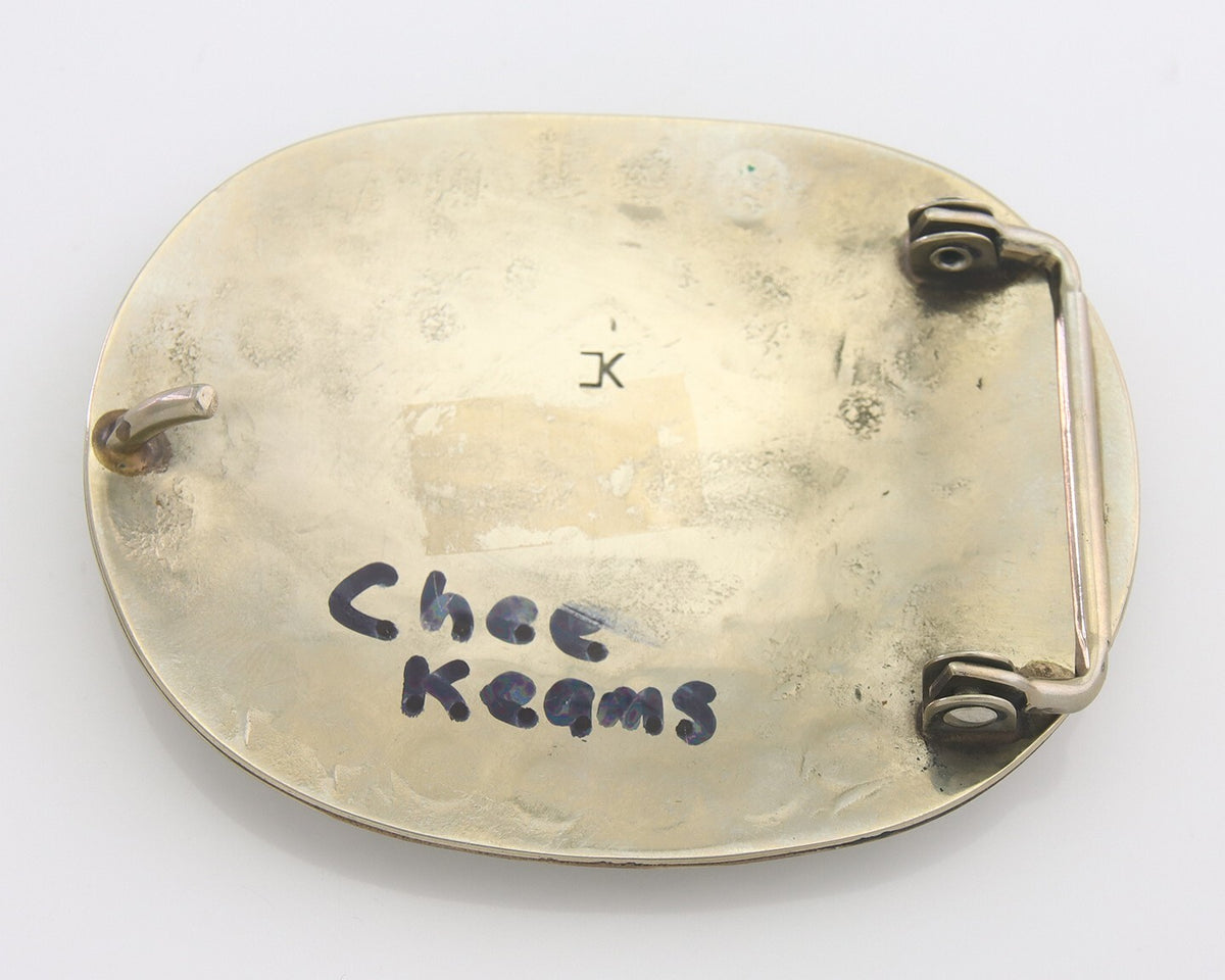 Navajo Belt Buckle .999 Nickel Buffalo Gemstone Signed Chee Keams 2.25x3.0 C.80s