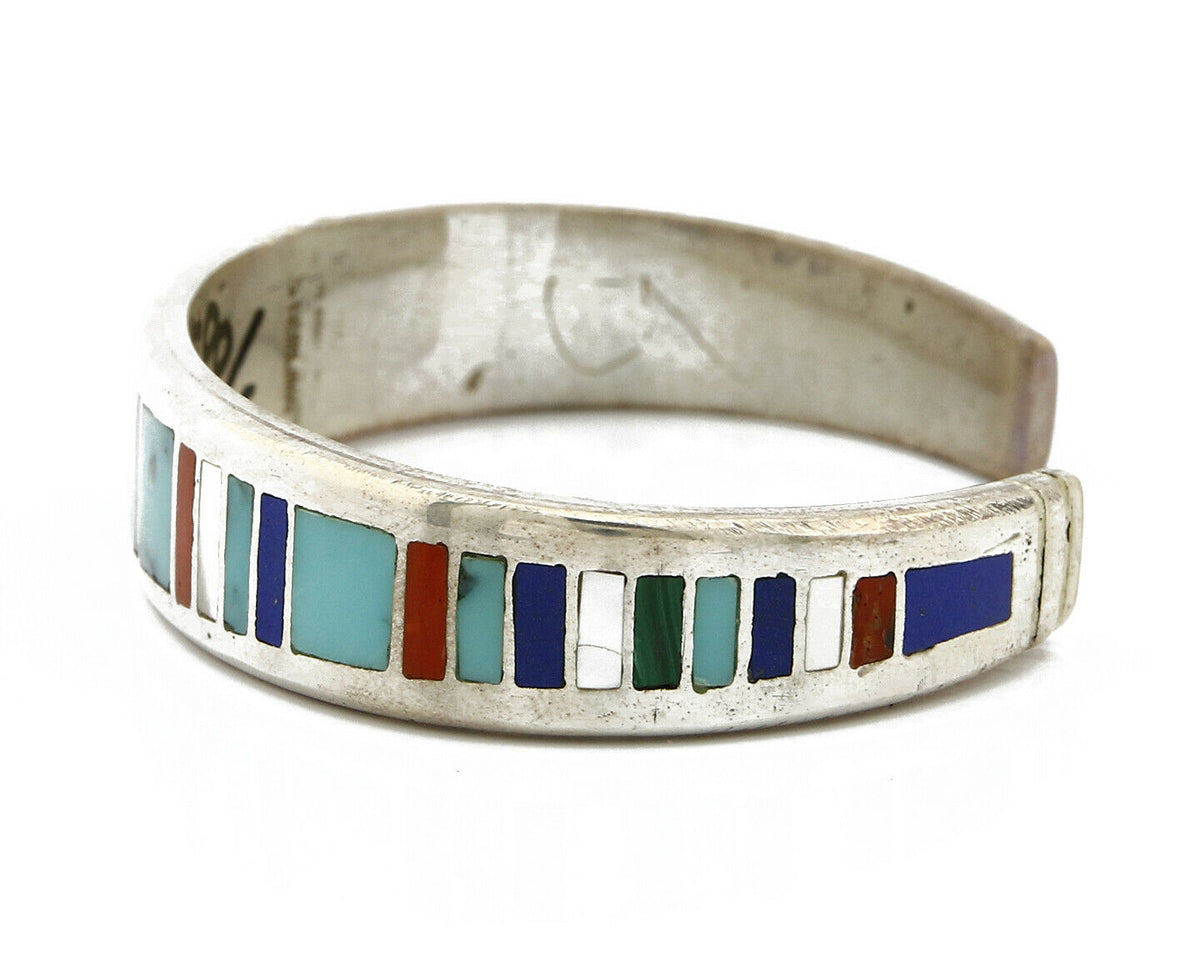 Navajo Artist Signed EDD.B. Gemstone Inlaid .925 Silver Cuff