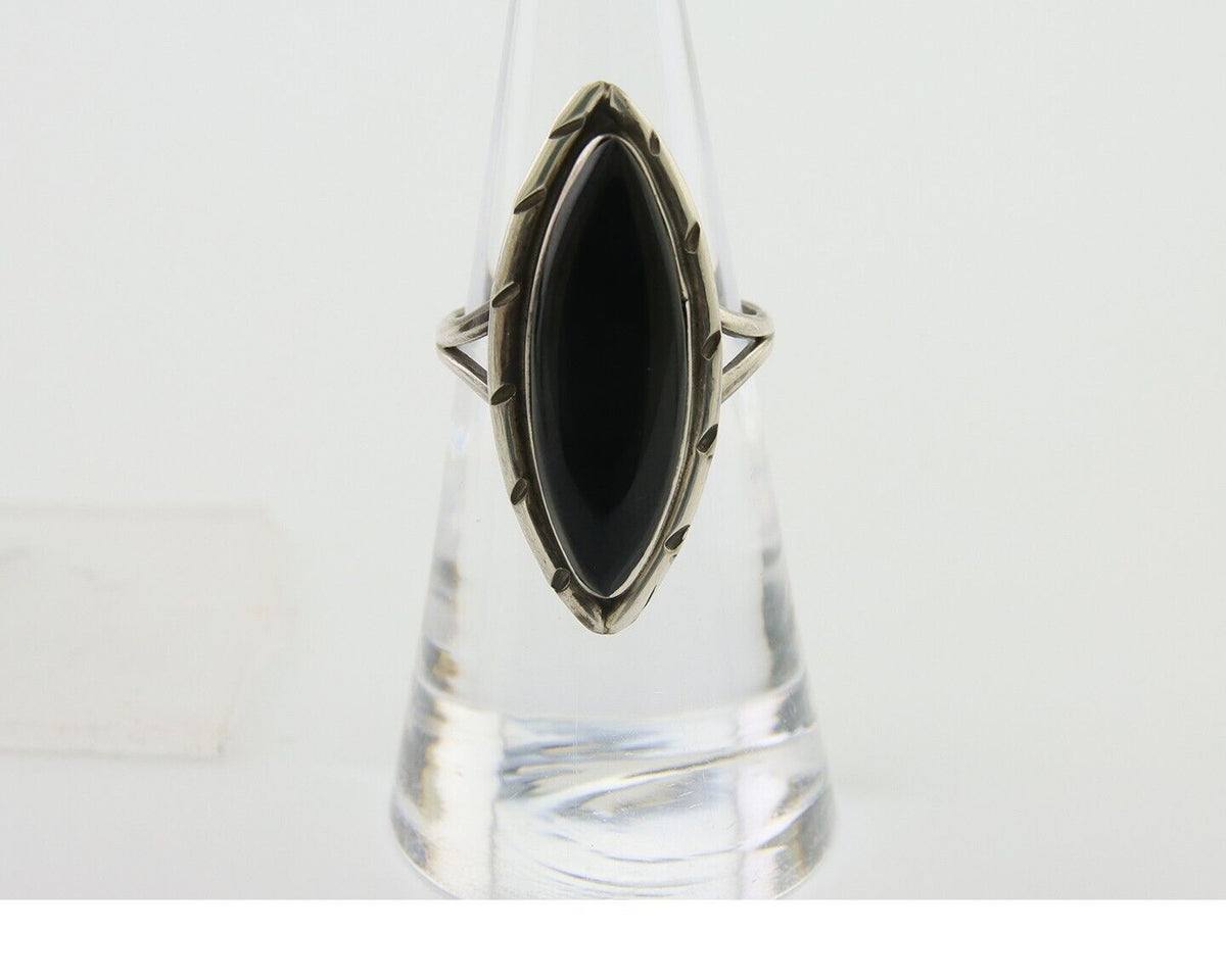 Navajo Handmade Ring 925 Silver Black Onyx Artist Signed J #10 C.80's