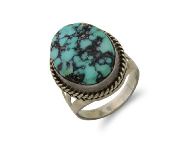 Navajo Ring 925 Sterling Silver Spiderweb Turquoise Native American Artist C.80s