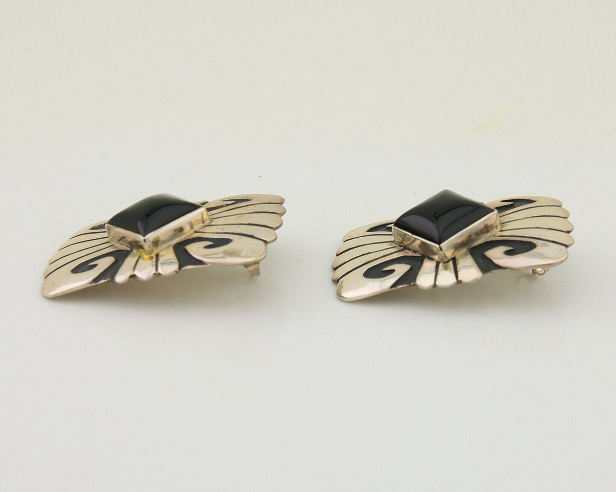 Navajo Handmade Earrings 925 Silver Onyx Artist Signed Thomas Singer C.70's