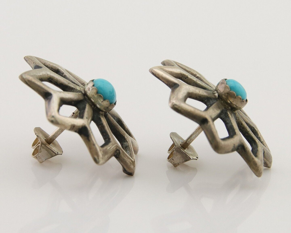 Navajo Flower Earrings 925 Silver Natural Turquoise Native Artist C.80's