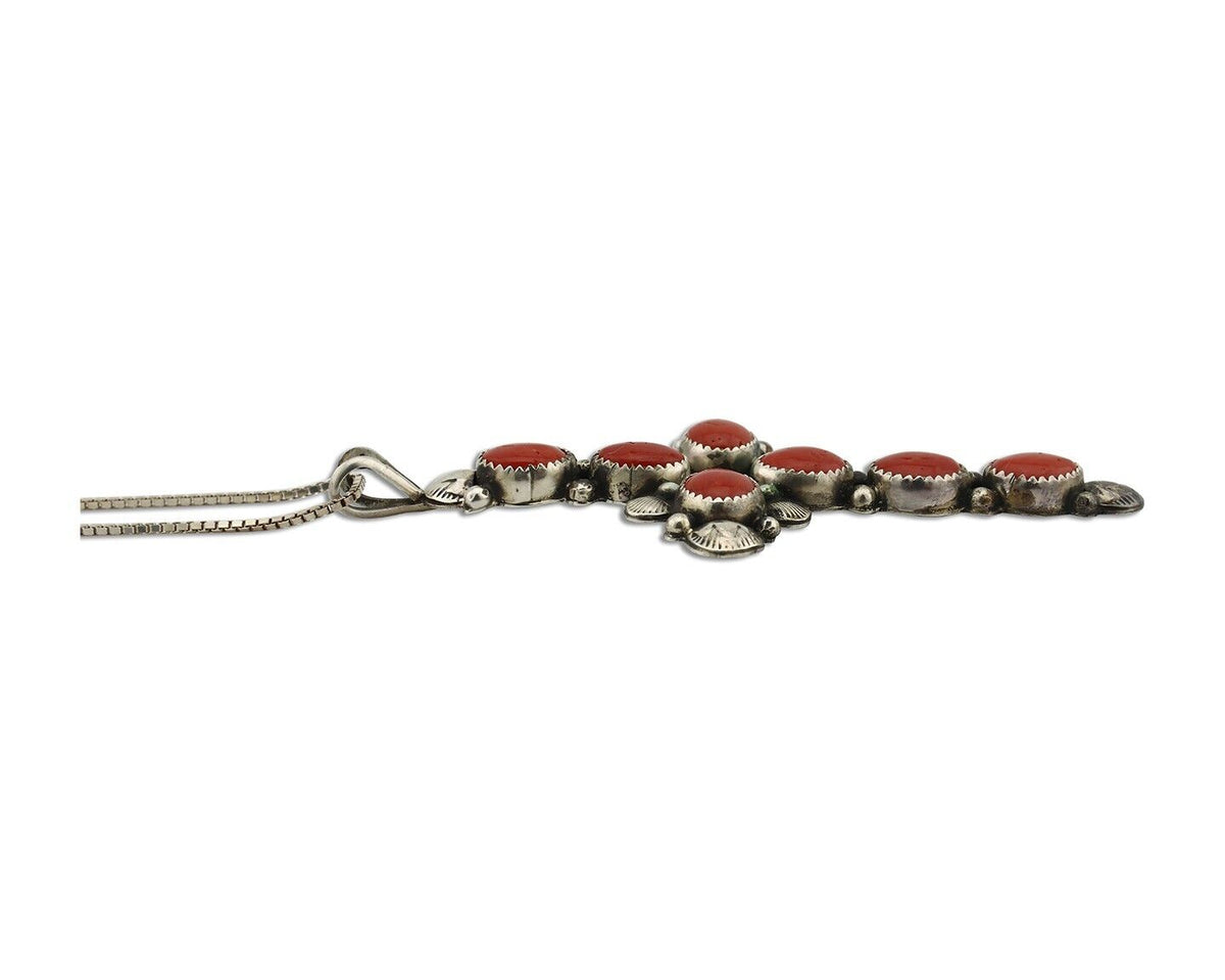 Navajo Cross Pendant 925 Silver Natural Coral Artist Signed Archie Martinez C80s