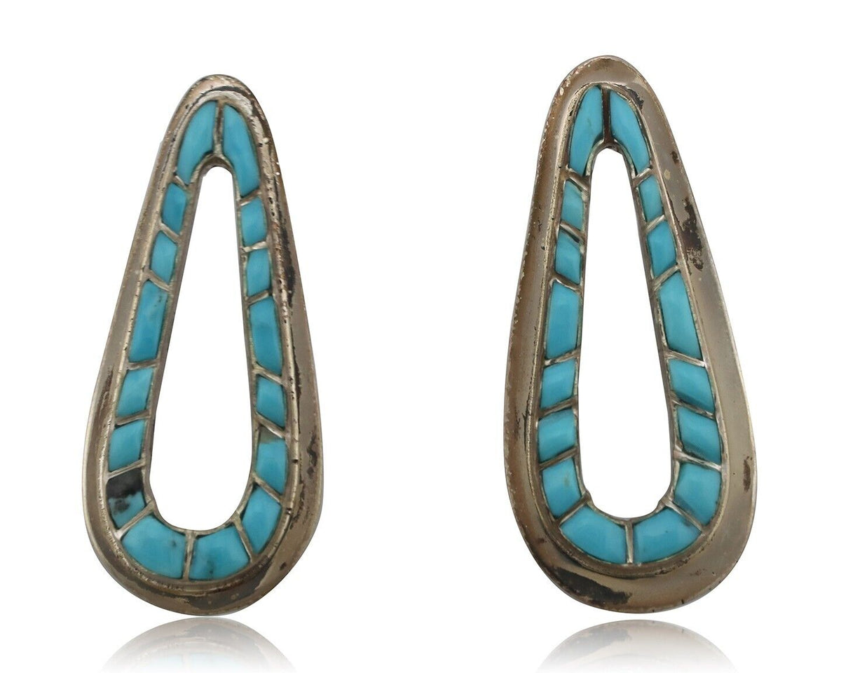 Navajo Earrings 925 Silver Sleeping Beauty Turquoise Native Artist C.80s