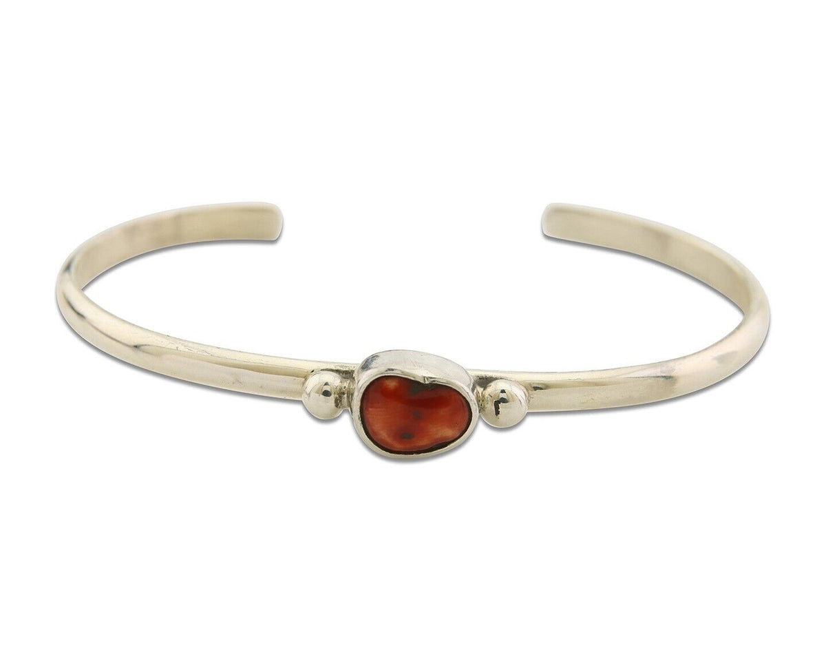 Navajo Bracelet .925 Silver Natural Red Coral Cuff Native American Artist C.80's
