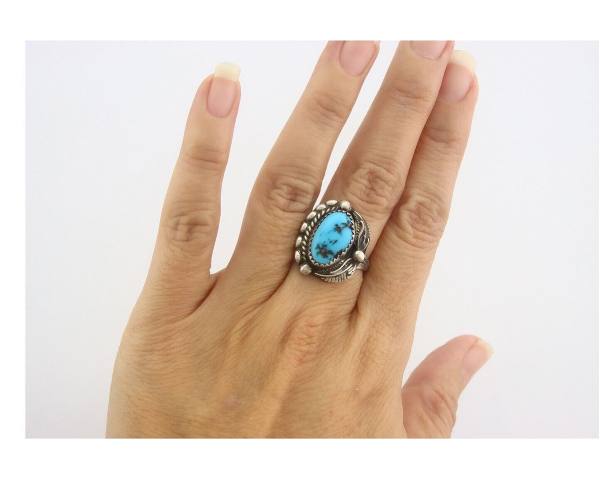 Navajo Ring 925 Sterling Natural Turquoise Native Artist C.80's Size 5.75