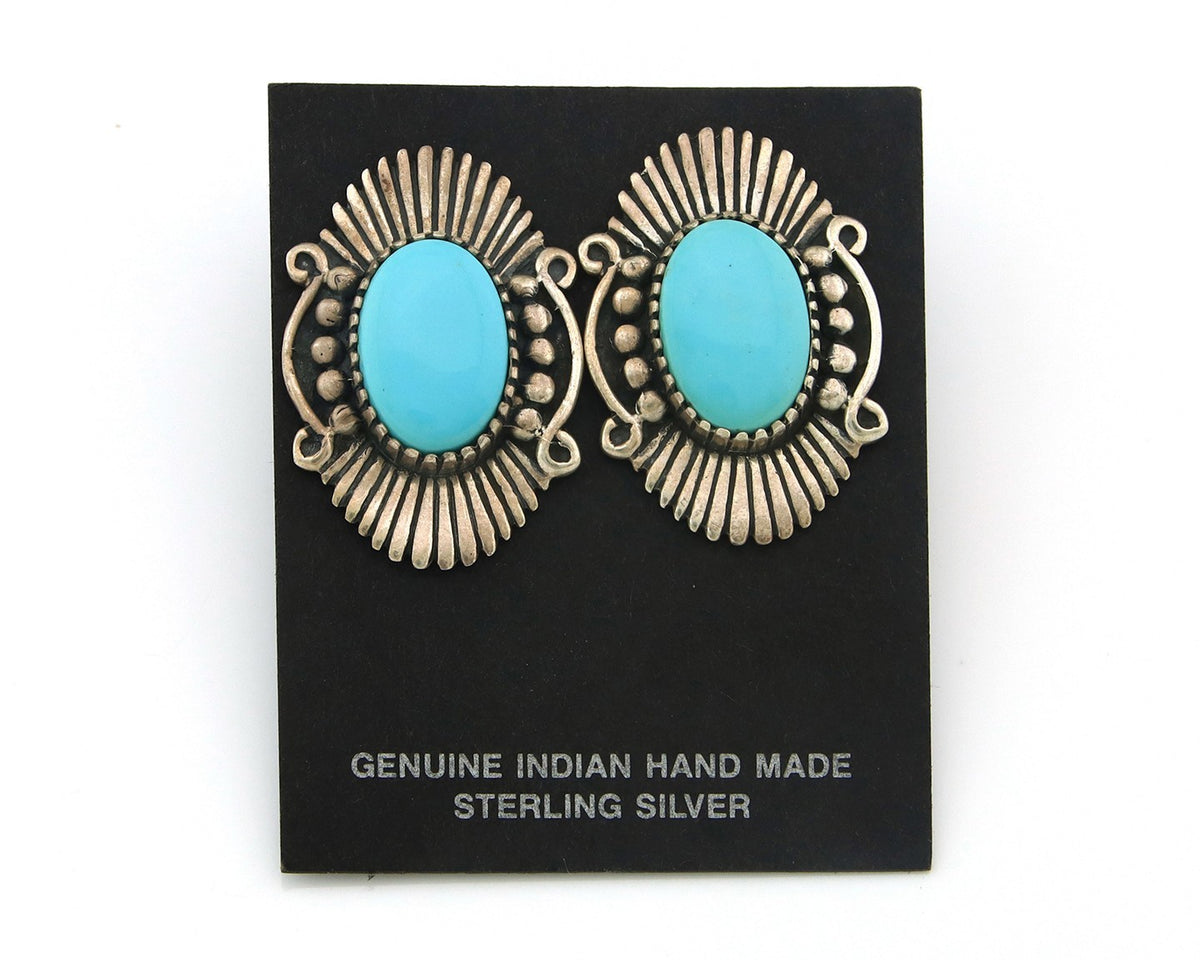 Navajo Earrings Sterling Silver Natural Turquoise Vintage Signed AM
