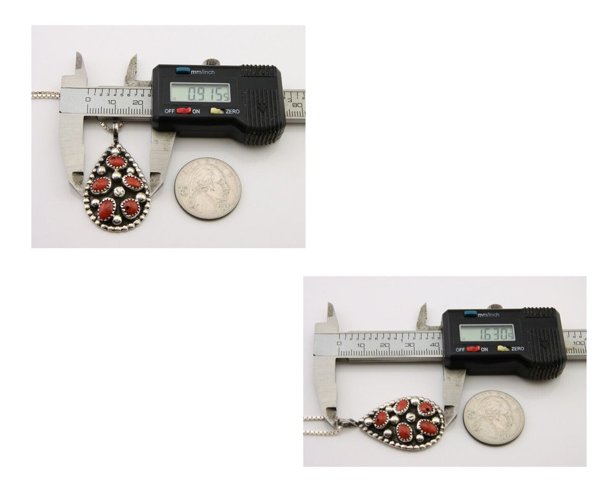 Large Navajo Necklace 925 Silver Mediterranean Coral Artist Signed JR C.80's