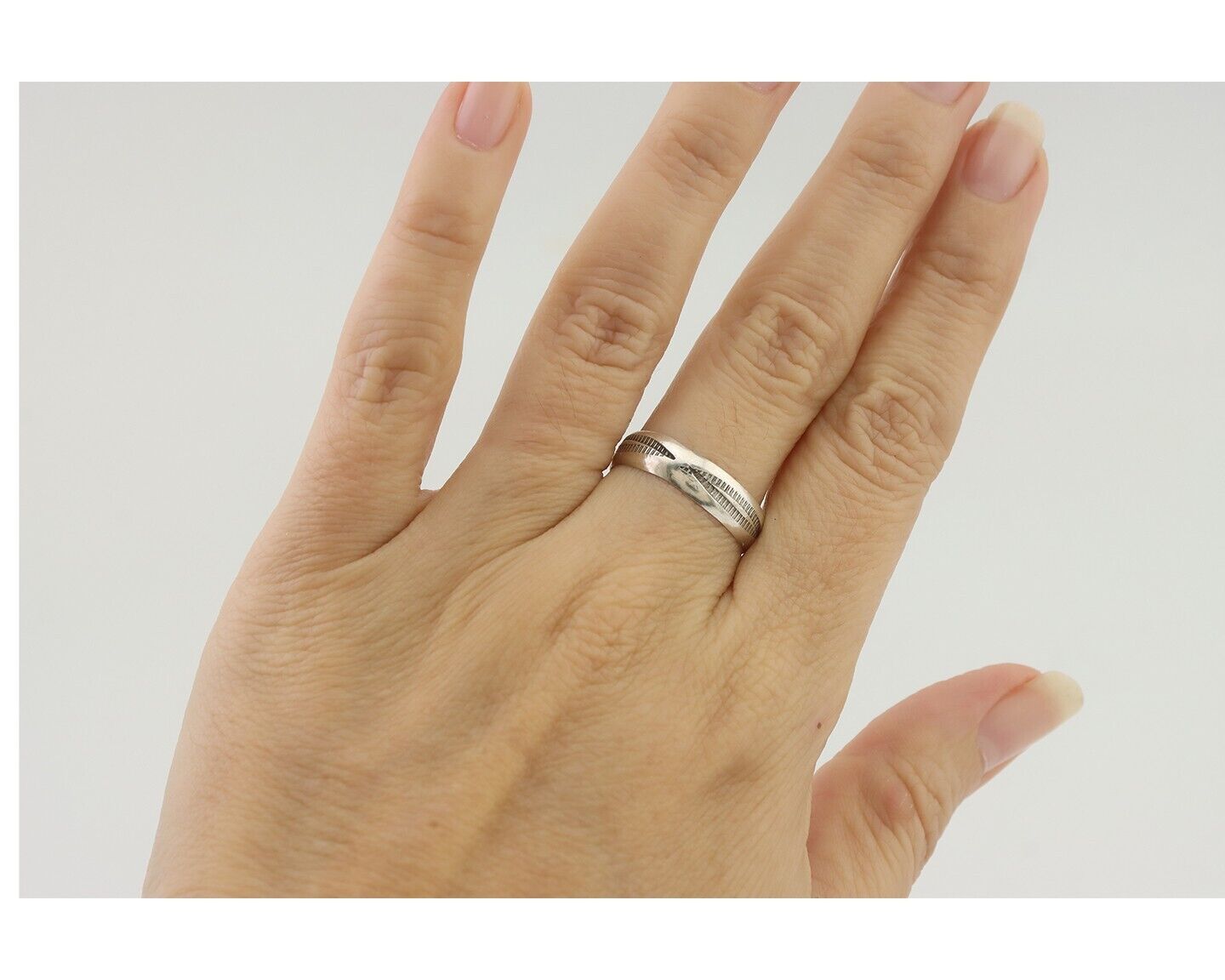 Navajo Hand Stamped Band 925 Silver 5.0 mm Signed Larry Chavez Size 7.5 C.80's