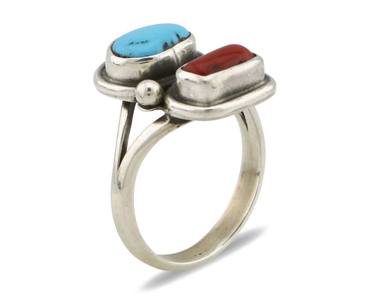 Navajo Ring 925 Silver SB Turquoise & Red Coral Native American Artist C.80s