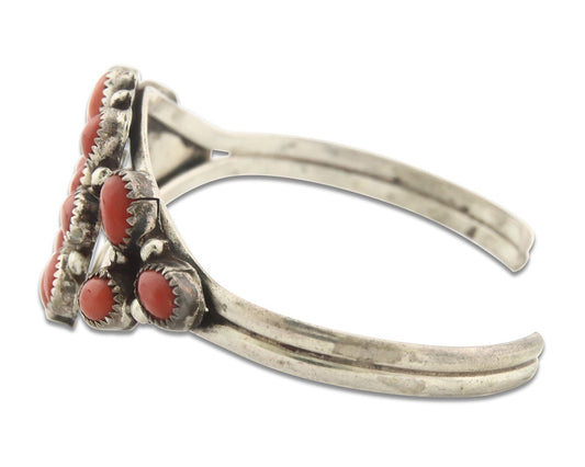 Vintage Navajo Bracelet 925 Silver Red Coral handmade Traditional Cuff