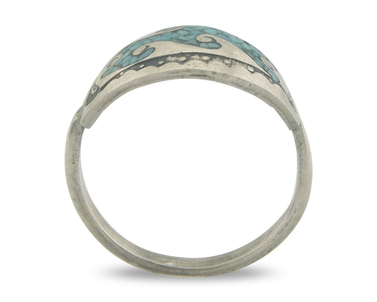 Navajo Ring 925 Silver Inlaid Turquoise Native American Artist C.80's Size 6.75