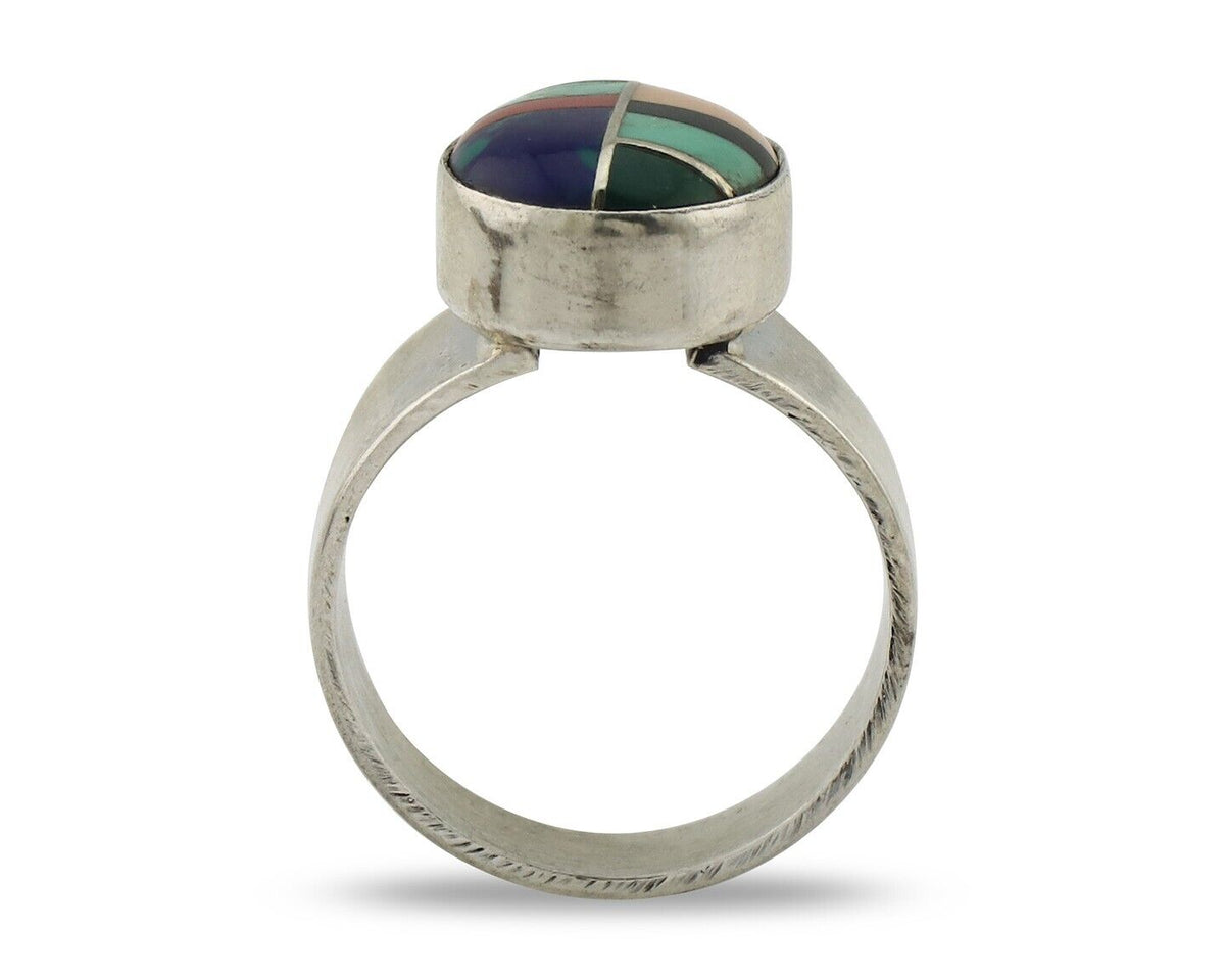 Zuni Inlaid Ring 925 Silver Mixed Natural Gemstones Native American Artist C.80s