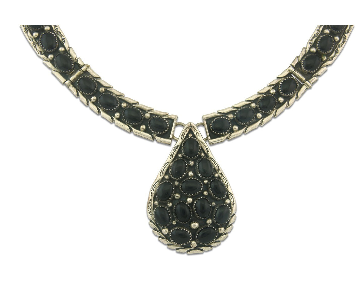 Vintage Navajo Necklace 925 Silver Natural Onyx Artist Signed Ella Cowboy