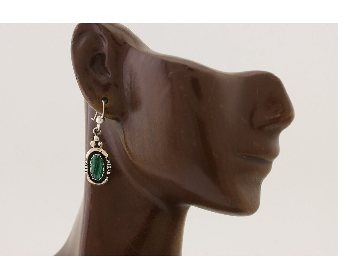 Navajo Dangle Earrings 925 Silver Natural Malachite Native American Artist C.80s