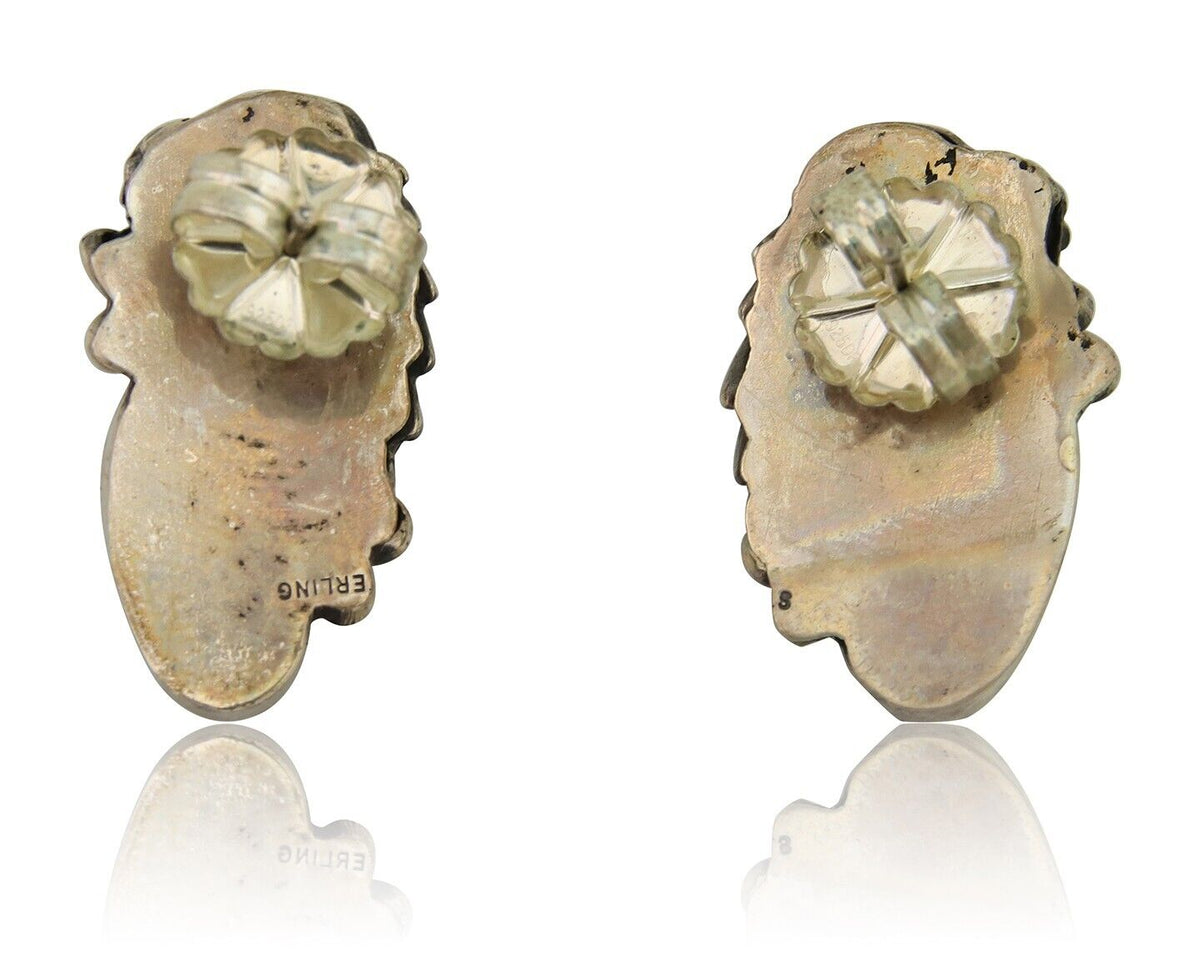 Navajo Earrings 925 Silver Natural Green Turquoise Native Artist Signed C.80's