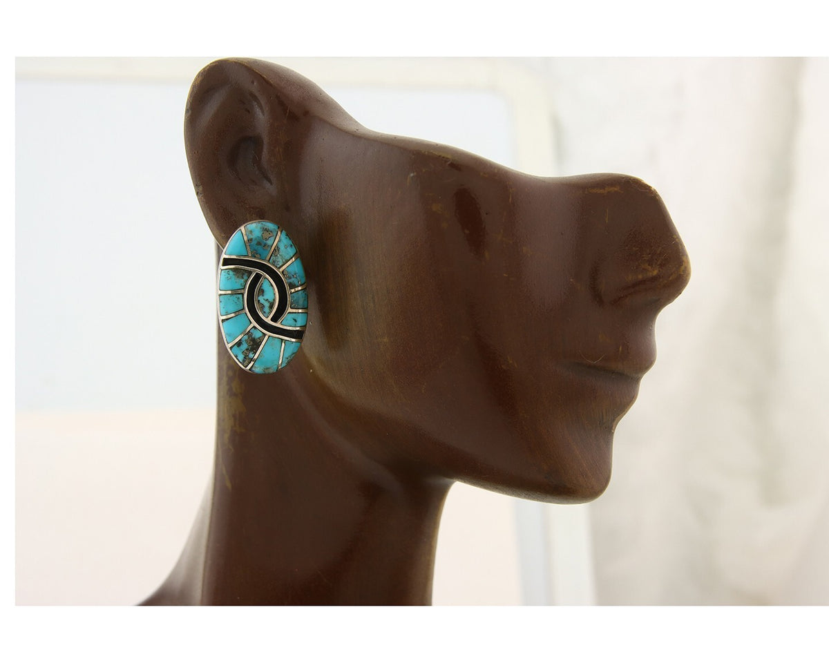 Navajo Earrings 925 Silver Natural Morenci Turquoise Native Artist C.80's