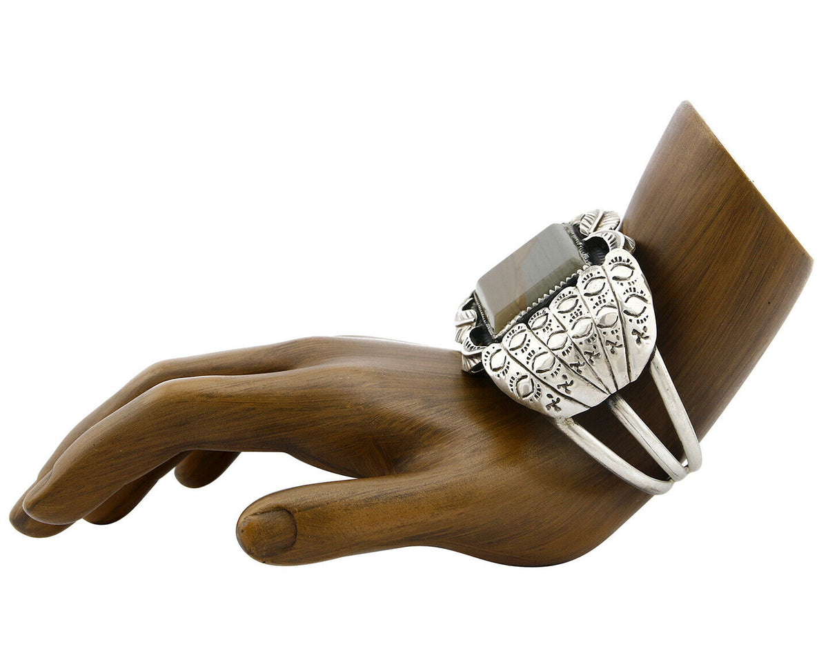 Navajo Bracelet .925 Silver Natural Petrified Wood Native American C.70's