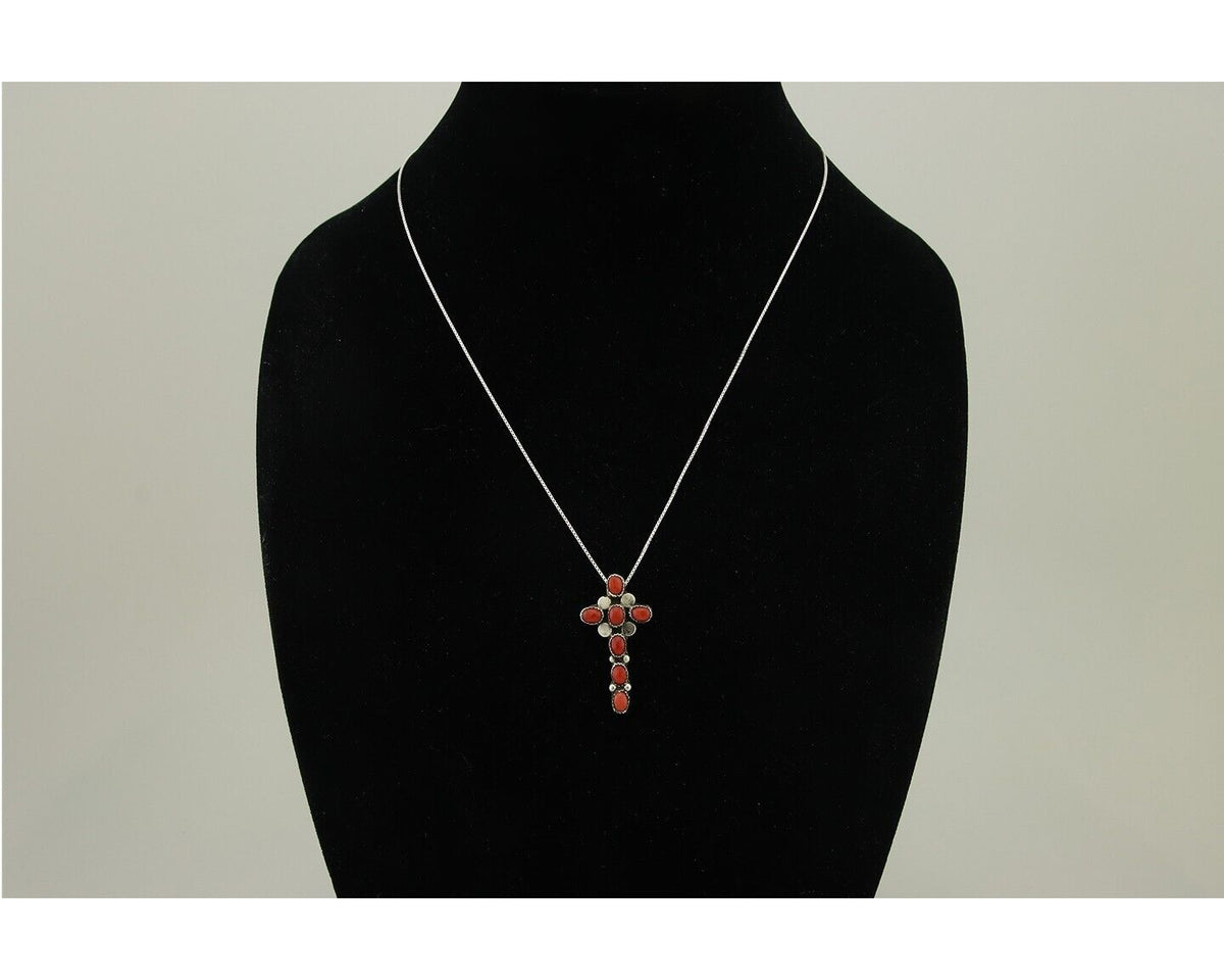 Navajo Cross Necklace 925 Silver Mediterranean Coral Native American Artist C80s