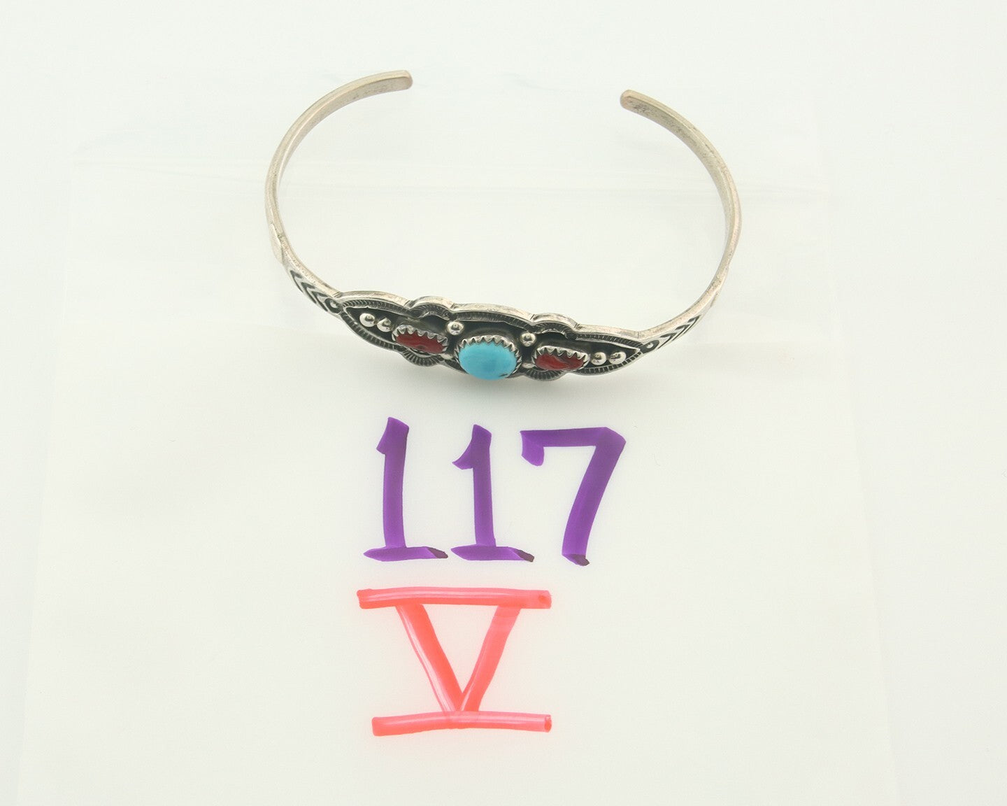 Navajo Bracelet 925 Silver Coral & Turquoise Cuff Signed Running Bear C.80's