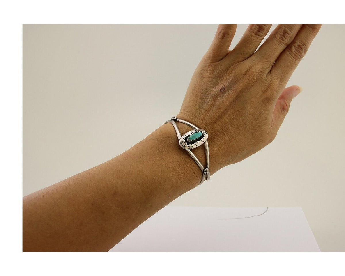 Navajo Hand Stamped Cuff Bracelet Turquoise 925 Silver Artist Signed IJC C.80's